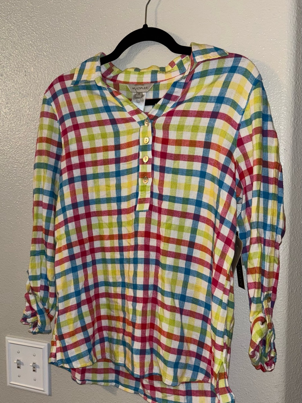 NWT Multiples Rainbow Plaid Linen-Blend Henley Top – Size S